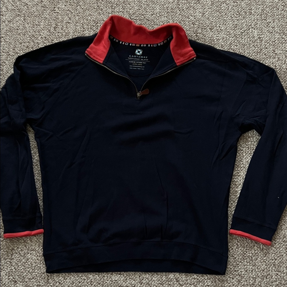 Castaway Nantucket Island Men's Dark Blue Zip-Up Sweater with orange trim XL